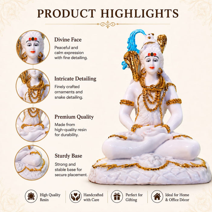 Meditating Lord Shiva White Resin Idol with Blue Snake (10.7 Inch) - View 4