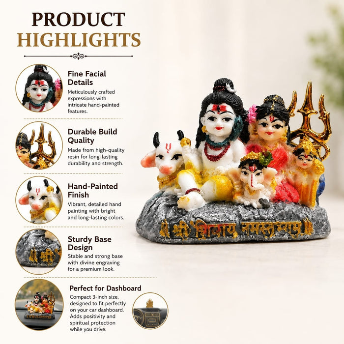 Three-quarter perspective angle view showcasing dynamic form and balanced proportions of Miniature Multicolor Shiv Parivar Resin Car Dashboard Idol (2.8 Inch)
