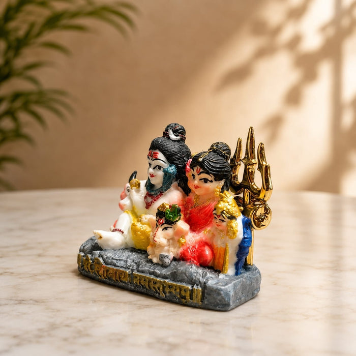Detailed close-up of hand-painted accents, fine facial detailing, and premium Resin texture on Miniature Multicolor Shiv Parivar Resin Car Dashboard Idol (2.8 Inch)