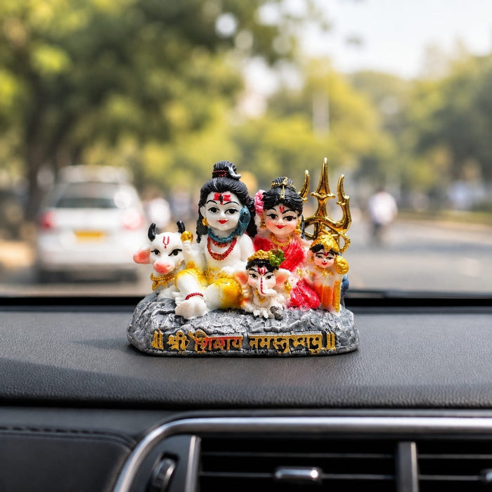 High-resolution craftsmanship detail shot displaying intricate ornamental work on Miniature Multicolor Shiv Parivar Resin Car Dashboard Idol (2.8 Inch)