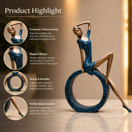 Detailed close-up of hand-painted accents, fine facial detailing, and premium Resin texture on Modern Abstract Blue Woman on Ring Resin Sculpture (11.5 Inch)