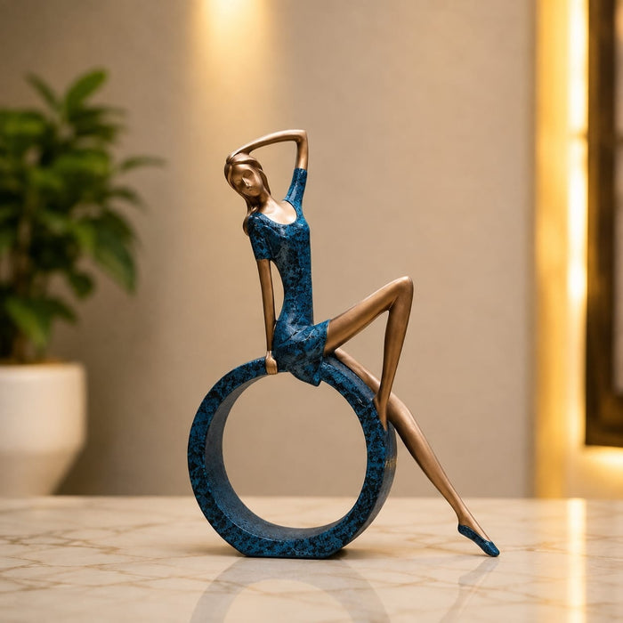 Full front view of Modern Abstract Blue Woman on Ring Resin Sculpture (11.5 Inch) on display base against clean studio background