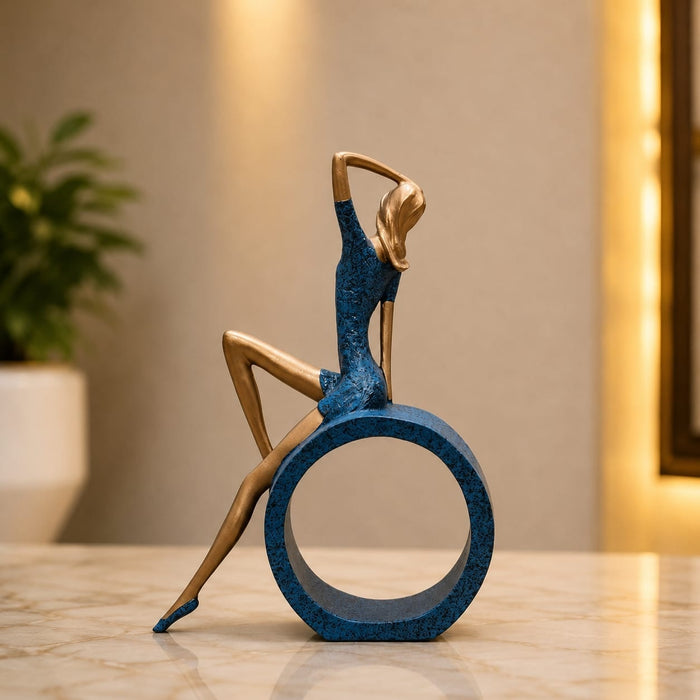 Side profile perspective showcasing elegant three-dimensional contours and sculptural depth of Modern Abstract Blue Woman on Ring Resin Sculpture (11.5 Inch)