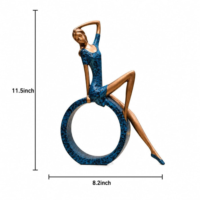 Exact dimension guide and measurement chart showing height and proportions of Modern Abstract Blue Woman on Ring Resin Sculpture (11.5 Inch)