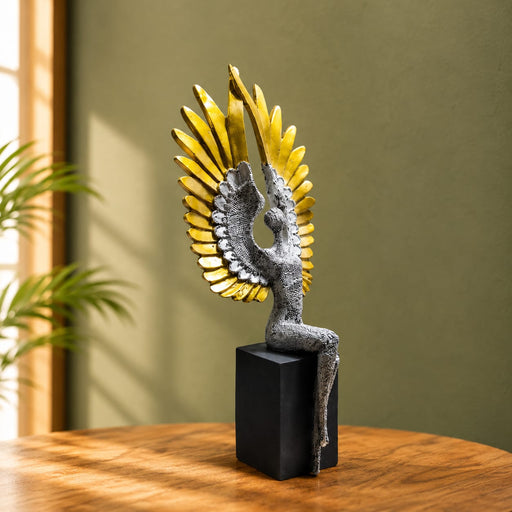 Modern Abstract Silver Angel with Arching Gold Wings Resin Sculpture (14 Inch) - View 1