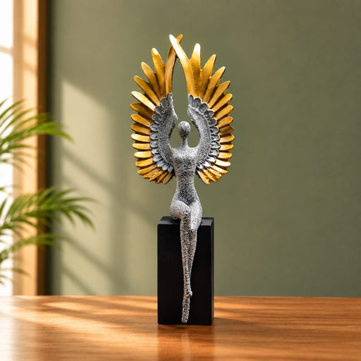 Modern Abstract Silver Angel with Arching Gold Wings Resin Sculpture (14 Inch) - View 2