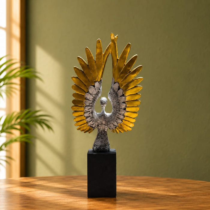 Modern Abstract Silver Angel with Arching Gold Wings Resin Sculpture (14 Inch) - View 3