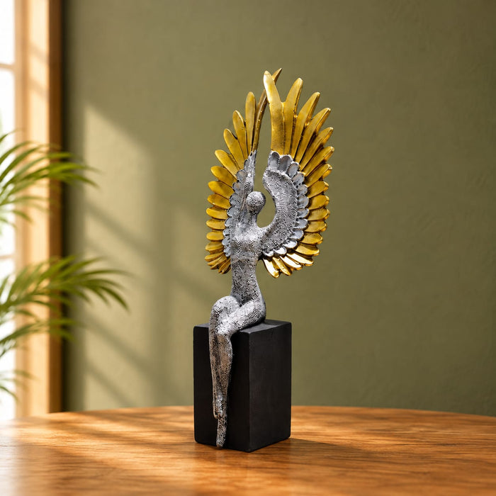 Modern Abstract Silver Angel with Arching Gold Wings Resin Sculpture (14 Inch) - View 5