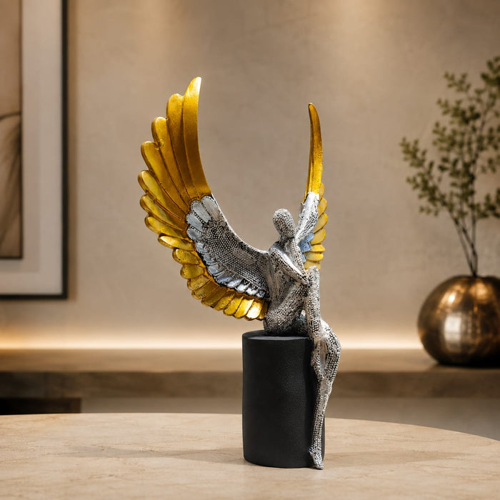 Modern Abstract Silver Angel with Gold Wings on Cylinder Base Resin Sculpture (13 Inch) - View 1