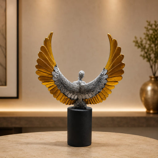 Modern Abstract Silver Angel with Gold Wings on Cylinder Base Resin Sculpture (13 Inch) - View 2