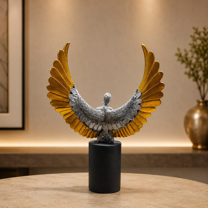Modern Abstract Silver Angel with Gold Wings on Cylinder Base Resin Sculpture (13 Inch) - View 2
