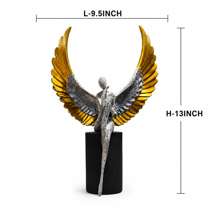 Modern Abstract Silver Angel with Gold Wings on Cylinder Base Resin Sculpture (13 Inch) - View 3