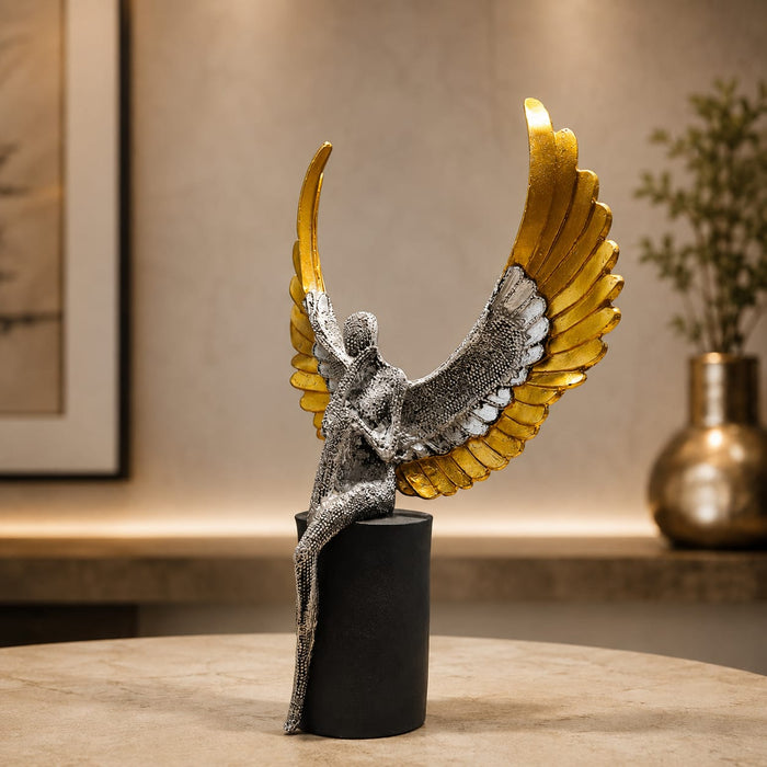 Modern Abstract Silver Angel with Gold Wings on Cylinder Base Resin Sculpture (13 Inch) - View 4