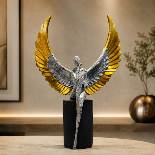 Modern Abstract Silver Angel with Gold Wings on Cylinder Base Resin Sculpture (13 Inch) - View 5
