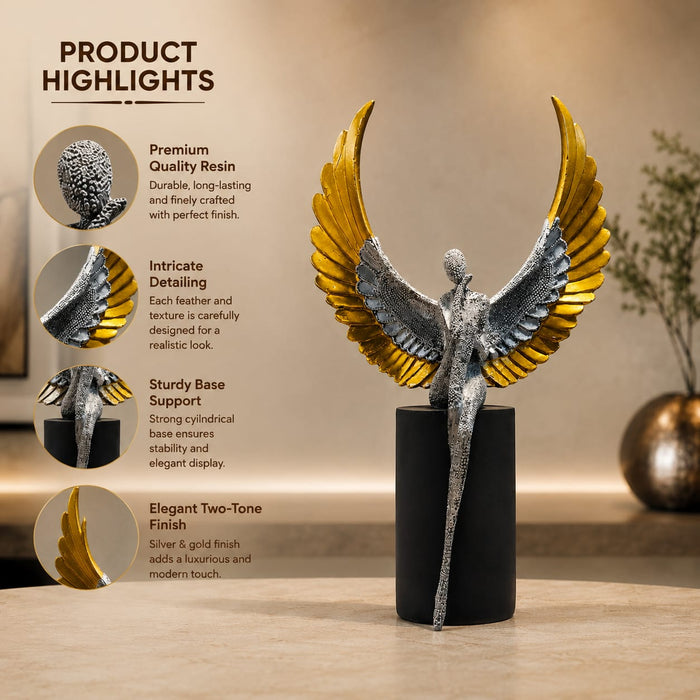 Modern Abstract Silver Angel with Gold Wings on Cylinder Base Resin Sculpture (13 Inch) - View 6