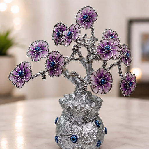 Modern Silver Evil Eye Floral Tree in Textured Pot Resin Decor (8.5 Inch) - View 1