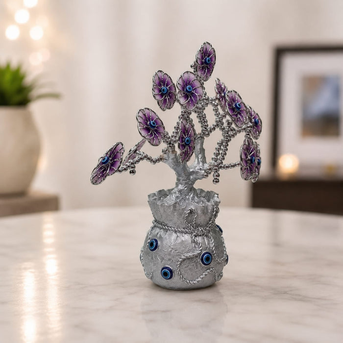 Modern Silver Evil Eye Floral Tree in Textured Pot Resin Decor (8.5 Inch) - View 2
