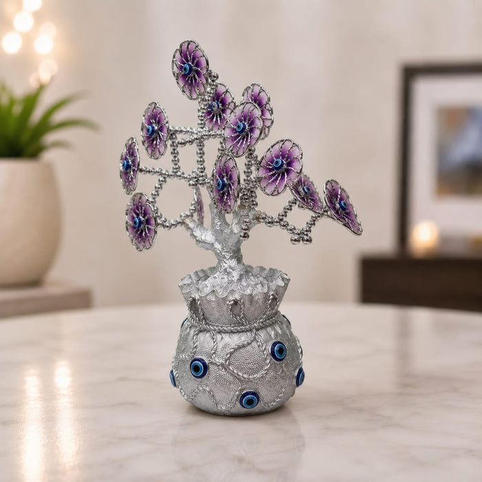 Modern Silver Evil Eye Floral Tree in Textured Pot Resin Decor (8.5 Inch) - View 3