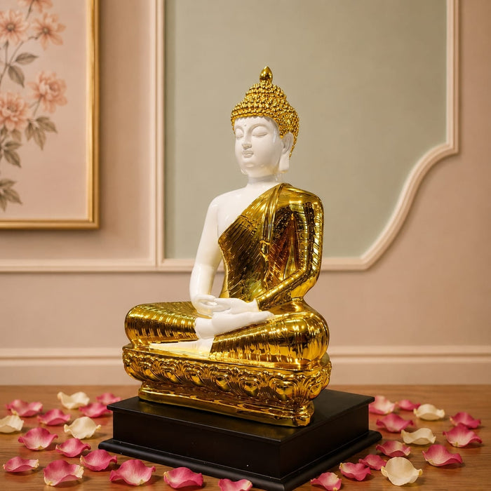 Three-quarter perspective angle view showcasing dynamic form and balanced proportions of Modern White and Gold Meditating Buddha Resin Statue (15.3 Inch)