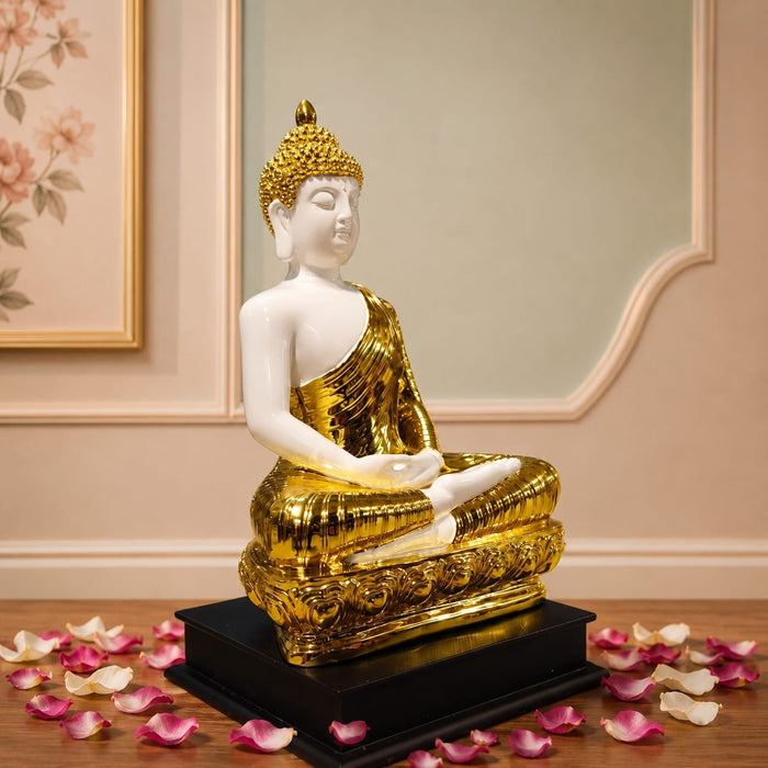 High-resolution craftsmanship detail shot displaying intricate ornamental work on Modern White and Gold Meditating Buddha Resin Statue (15.3 Inch)