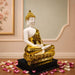 High-resolution craftsmanship detail shot displaying intricate ornamental work on Modern White and Gold Meditating Buddha Resin Statue (15.3 Inch)