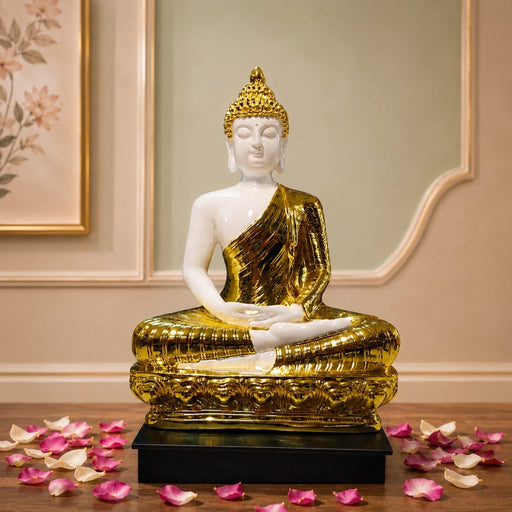 Product feature highlights and craftsmanship overview infographic for Modern White and Gold Meditating Buddha Resin Statue (15.3 Inch)