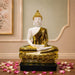Product feature highlights and craftsmanship overview infographic for Modern White and Gold Meditating Buddha Resin Statue (15.3 Inch)