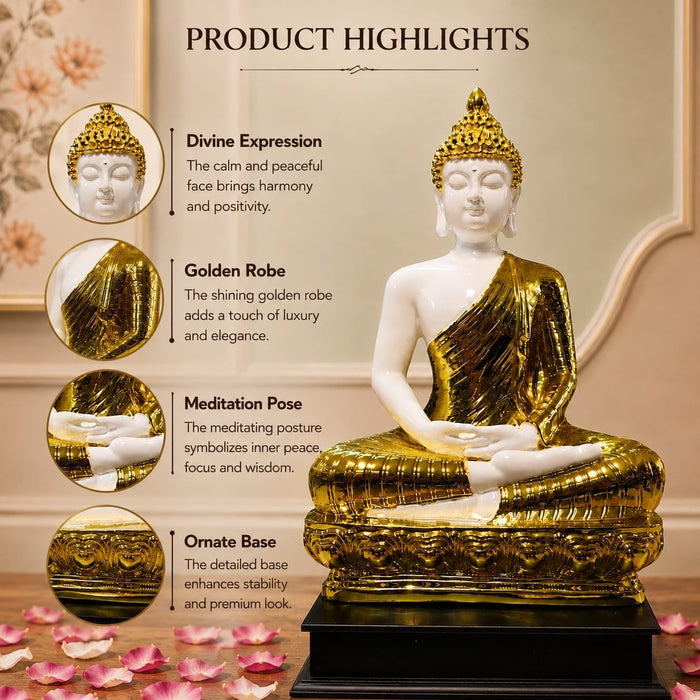 Modern White and Gold Meditating Buddha Resin Statue (15.3 Inch) styled as an elegant decorative centerpiece in a modern living room tabletop setup