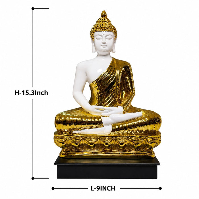 Full front view of Modern White and Gold Meditating Buddha Resin Statue (15.3 Inch) on display base against clean studio background