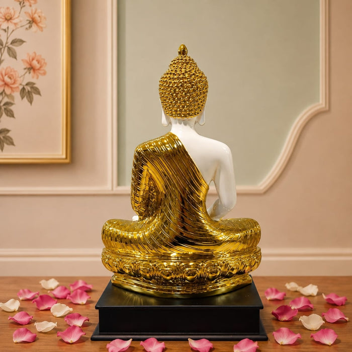 Side profile perspective showcasing elegant three-dimensional contours and sculptural depth of Modern White and Gold Meditating Buddha Resin Statue (15.3 Inch)