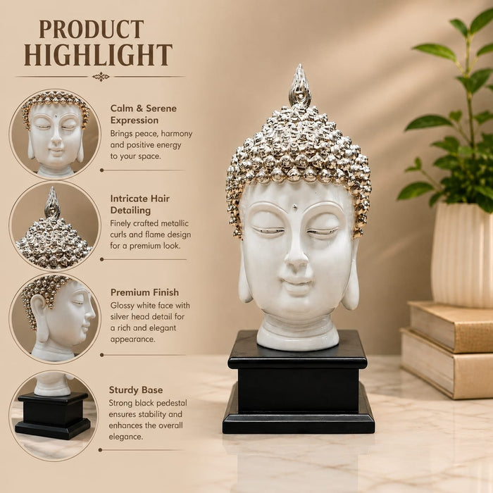 Detailed close-up of hand-painted accents, fine facial detailing, and premium Resin texture on Modern White and Silver Buddha Head on Black Base Resin Showpiece (11.2 Inch)