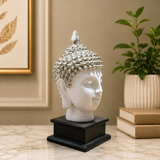 Product feature highlights and craftsmanship overview infographic for Modern White and Silver Buddha Head on Black Base Resin Showpiece (11.2 Inch)