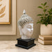 Product feature highlights and craftsmanship overview infographic for Modern White and Silver Buddha Head on Black Base Resin Showpiece (11.2 Inch)