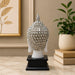 Full front view of Modern White and Silver Buddha Head on Black Base Resin Showpiece (11.2 Inch) on display base against clean studio background