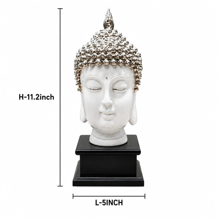 Side profile perspective showcasing elegant three-dimensional contours and sculptural depth of Modern White and Silver Buddha Head on Black Base Resin Showpiece (11.2 Inch)