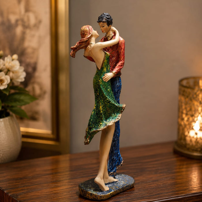 The detailed back view of the Multicolour Dancing Couple Figurine showing the intricate texture of the material.