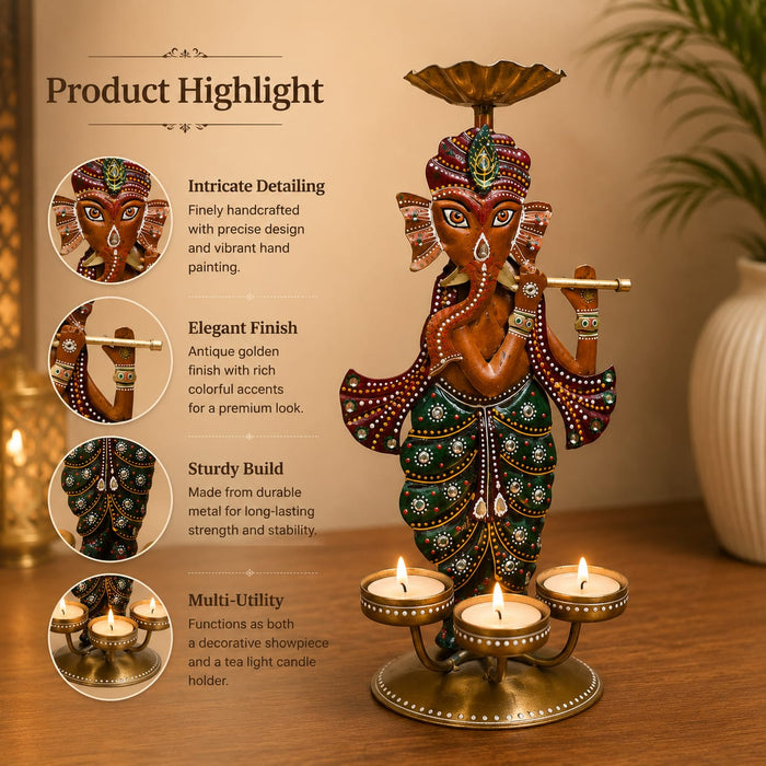 An angled perspective of the Multicolour Ganesha with Diyas highlighting its elegant three-dimensional form and craftsmanship.