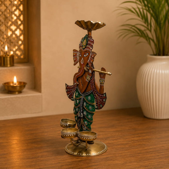 The detailed back view of the Multicolour Ganesha with Diyas showing the intricate texture of the material.