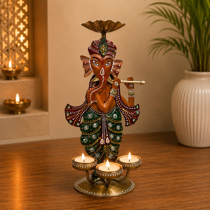 A direct front-facing view of the Multicolour Ganesha with Diyas showcasing its vibrant details and premium finish.