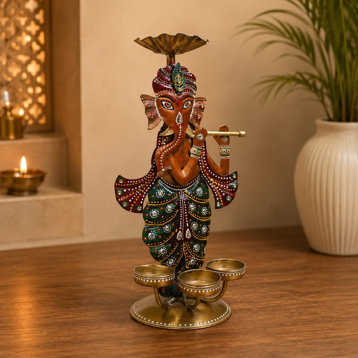 A side profile view of the Multicolour Ganesha with Diyas revealing its graceful silhouette.