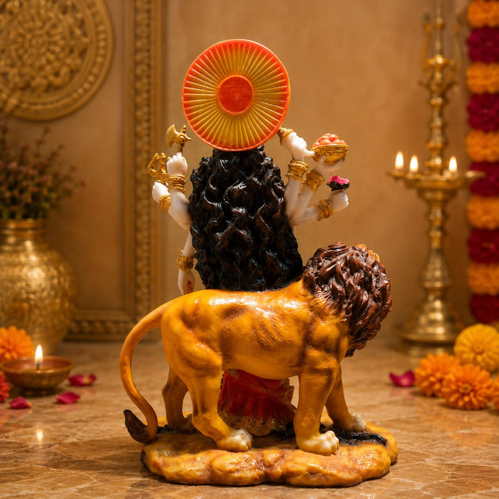 An angled perspective of the Multicolour Goddess Durga on Lion highlighting its elegant three-dimensional form and craftsmanship.