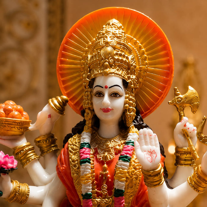 The detailed back view of the Multicolour Goddess Durga on Lion showing the intricate texture of the material.