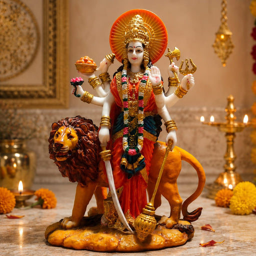 A close-up detail shot of the Multicolour Goddess Durga on Lion focusing on the artisanal carving and rich color.