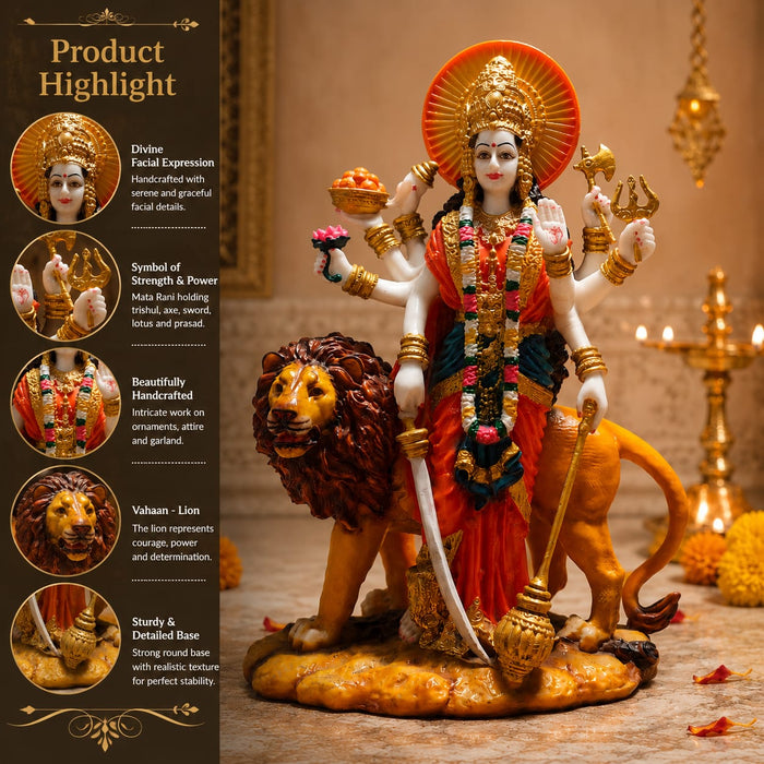 A direct front-facing view of the Multicolour Goddess Durga on Lion showcasing its vibrant details and premium finish.