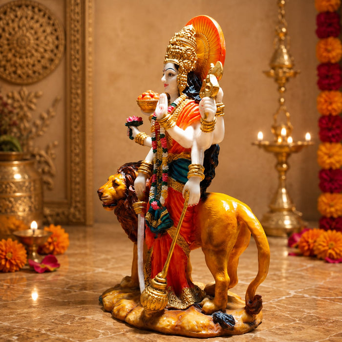 A side profile view of the Multicolour Goddess Durga on Lion revealing its graceful silhouette.
