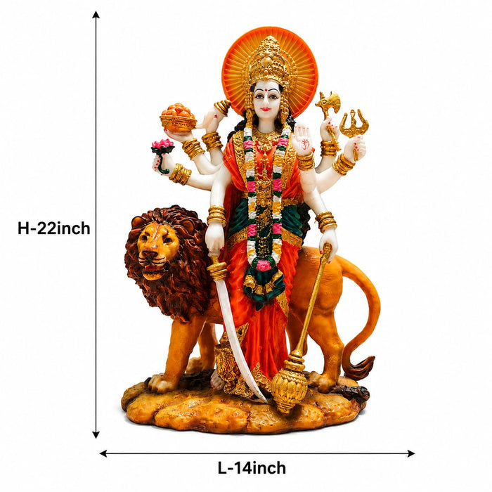 A dimensional diagram illustrating the exact height and width of the Multicolour Goddess Durga on Lion.
