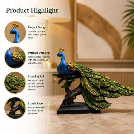 An angled perspective of the Multicolour Peacock on Branch highlighting its elegant three-dimensional form and craftsmanship.