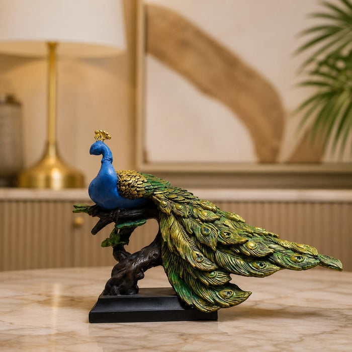 A close-up detail shot of the Multicolour Peacock on Branch focusing on the artisanal carving and rich color.
