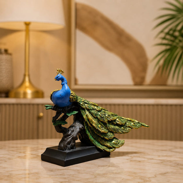 A side profile view of the Multicolour Peacock on Branch revealing its graceful silhouette.