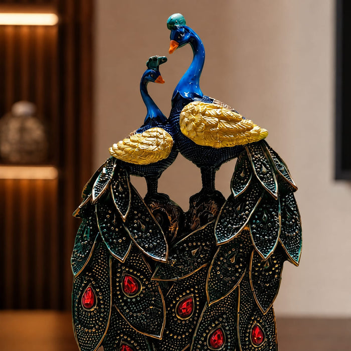 The detailed back view of the Multicolour Peacock Pair Figurine showing the intricate texture of the material.